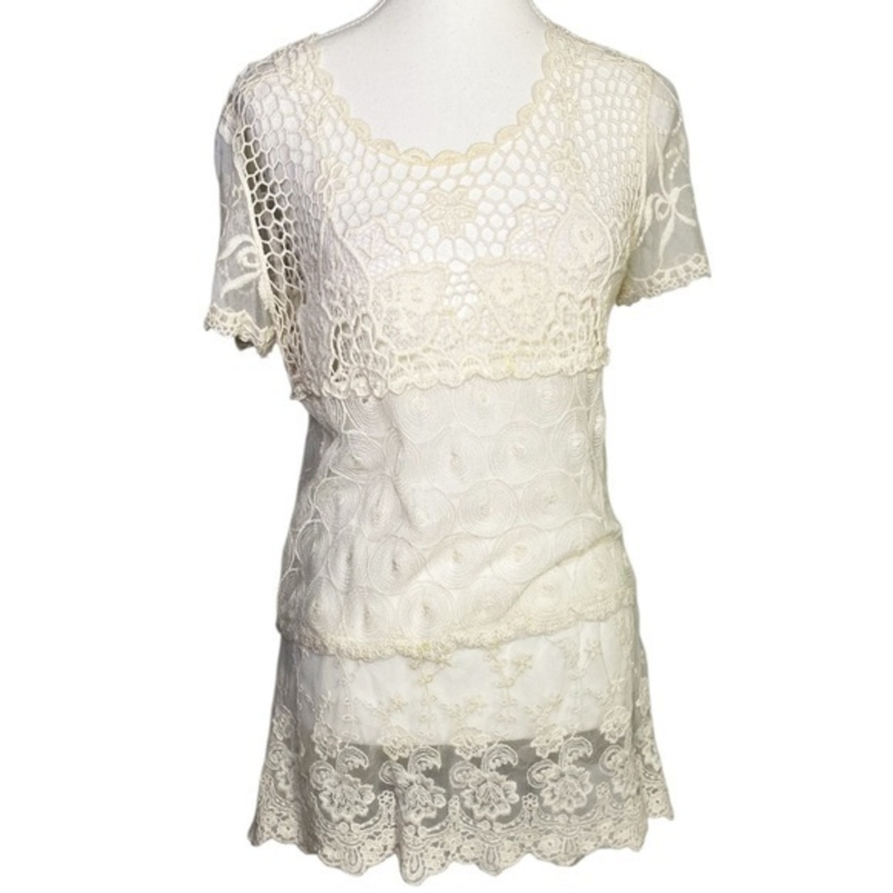 Cato Cream Lace Overlay Short Sleeve Top